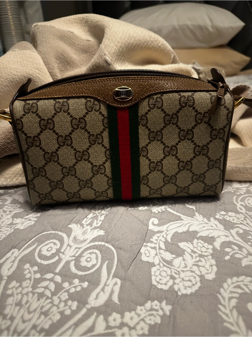 Gucci Beige GG Supreme Web Stripe Crossbody Bag
